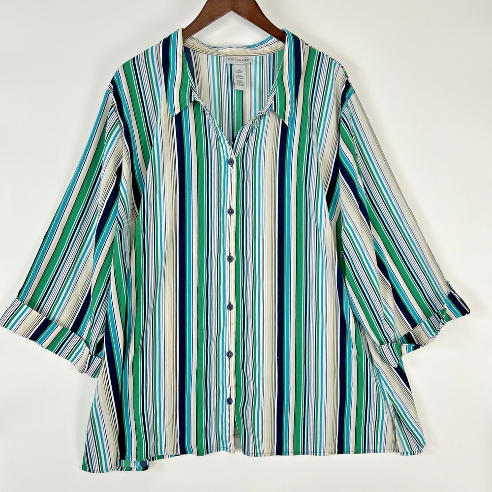 Catherines Womens Striped‎ Button Shirt Size 4X Green Spandex Cuffed Office Work